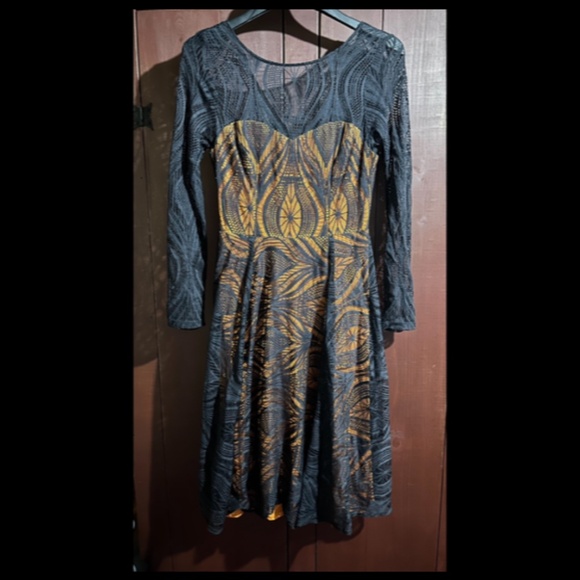 Eva Franco Embroidered Laced Long Sleeve Fit & Flare Dress Black/Orange Size 6 - Picture 2 of 10